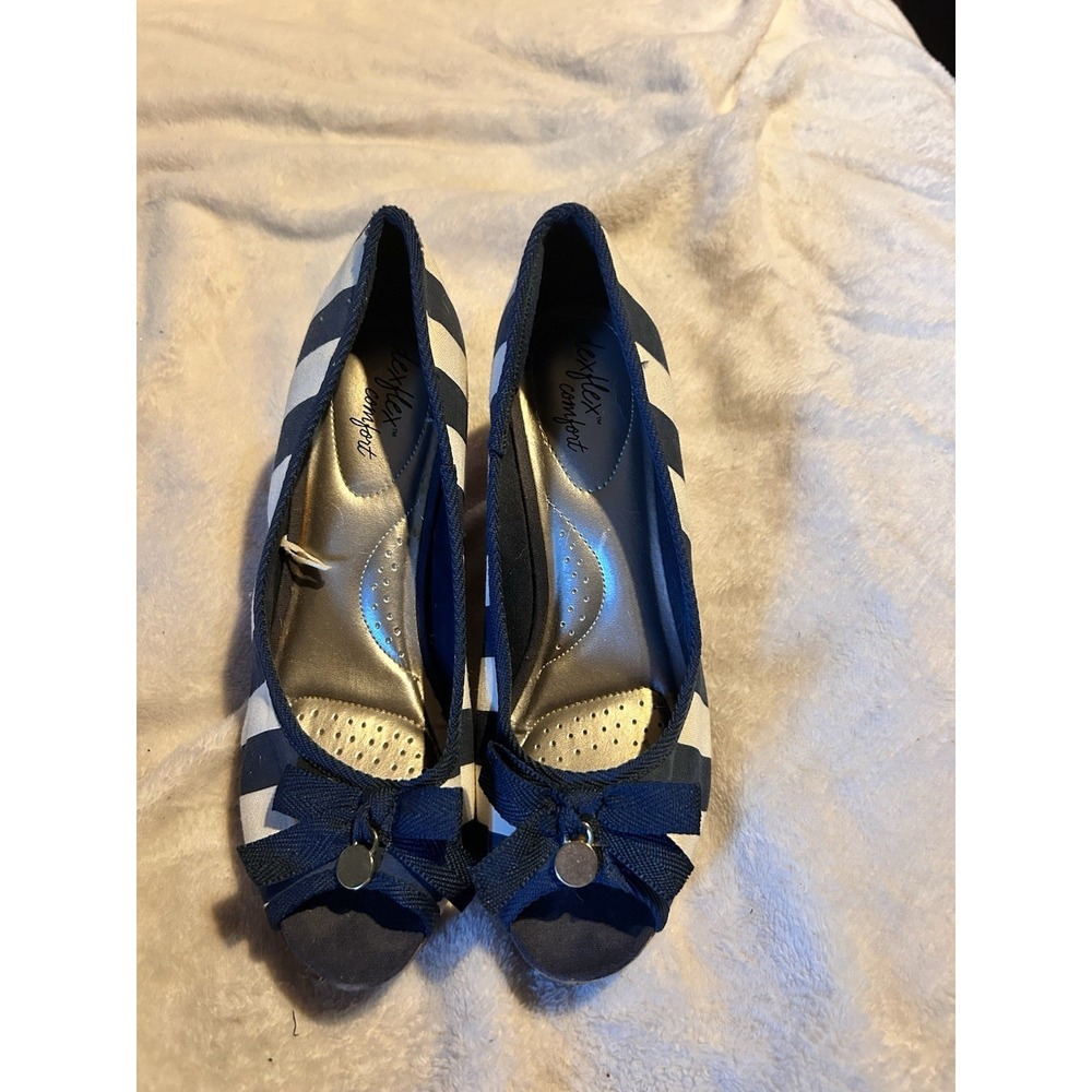 Dexflex Comfort Navy White Striped Cork Wedge Peep Toe Bow Shoes Women's Size 9‎